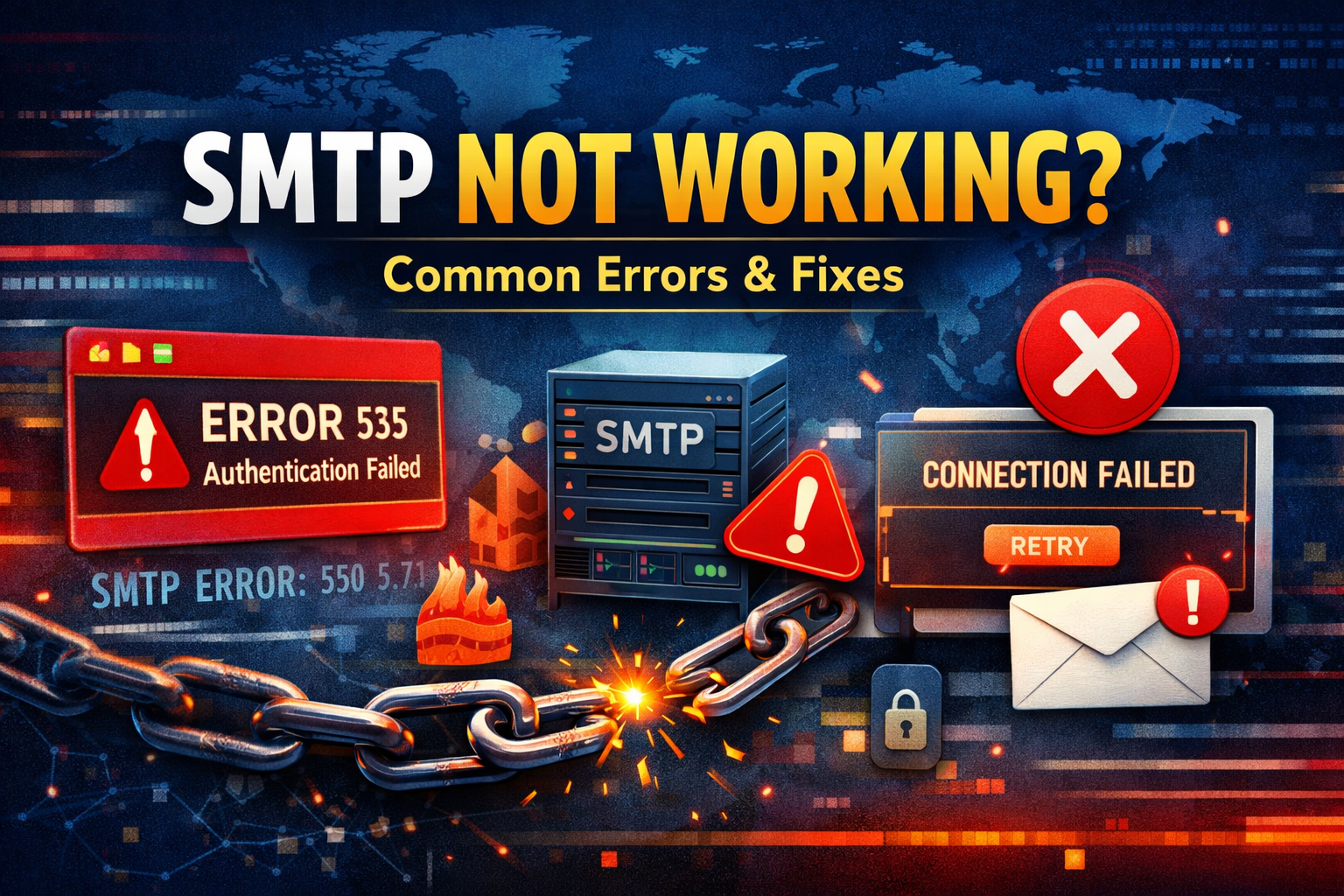 SMTP not working errors illustration showing authentication failed, connection timeout and email delivery issues