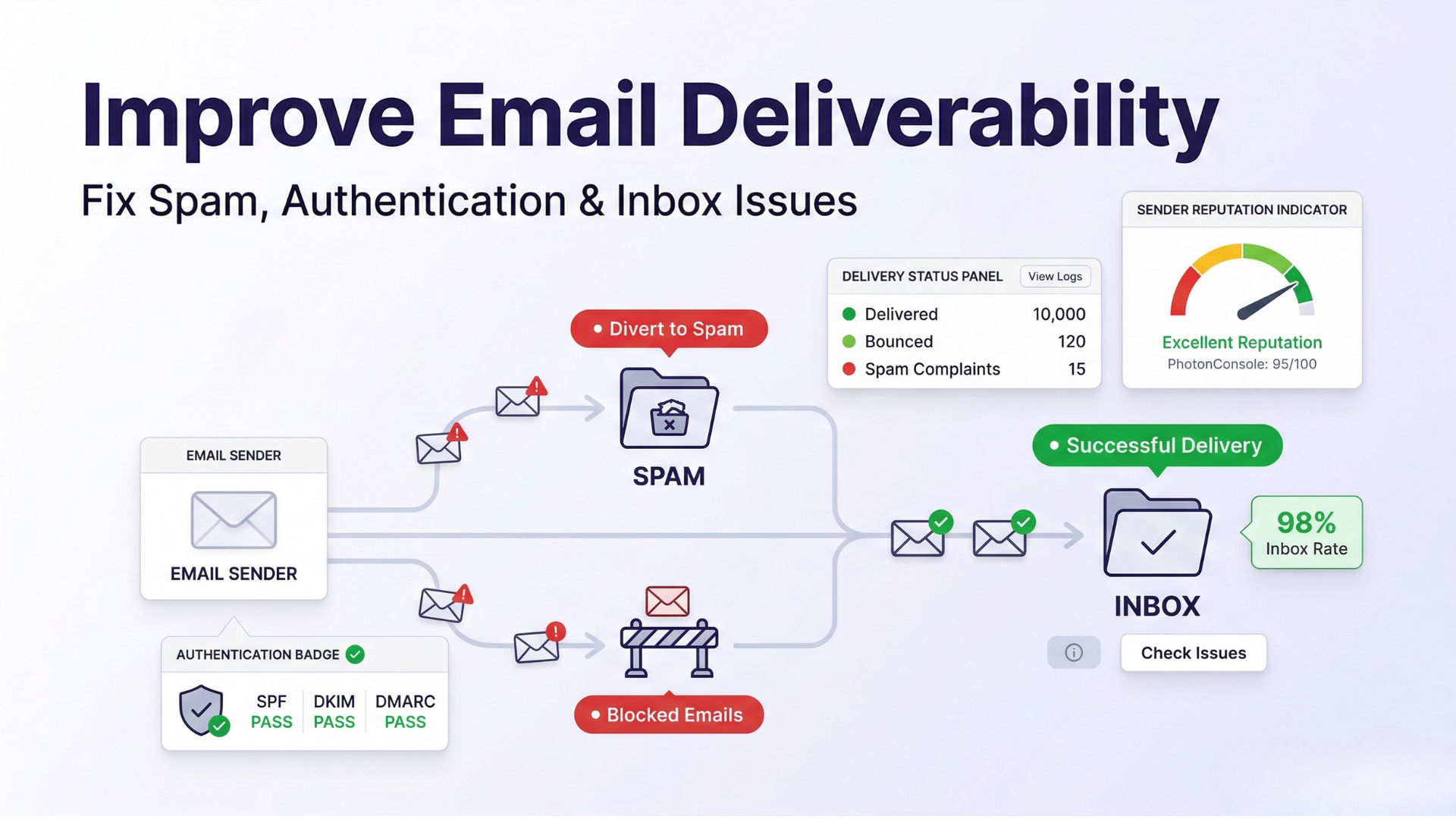 Email deliverability system showing emails reaching inbox, spam filtering, and blocked messages with authentication and SMTP optimization indicators