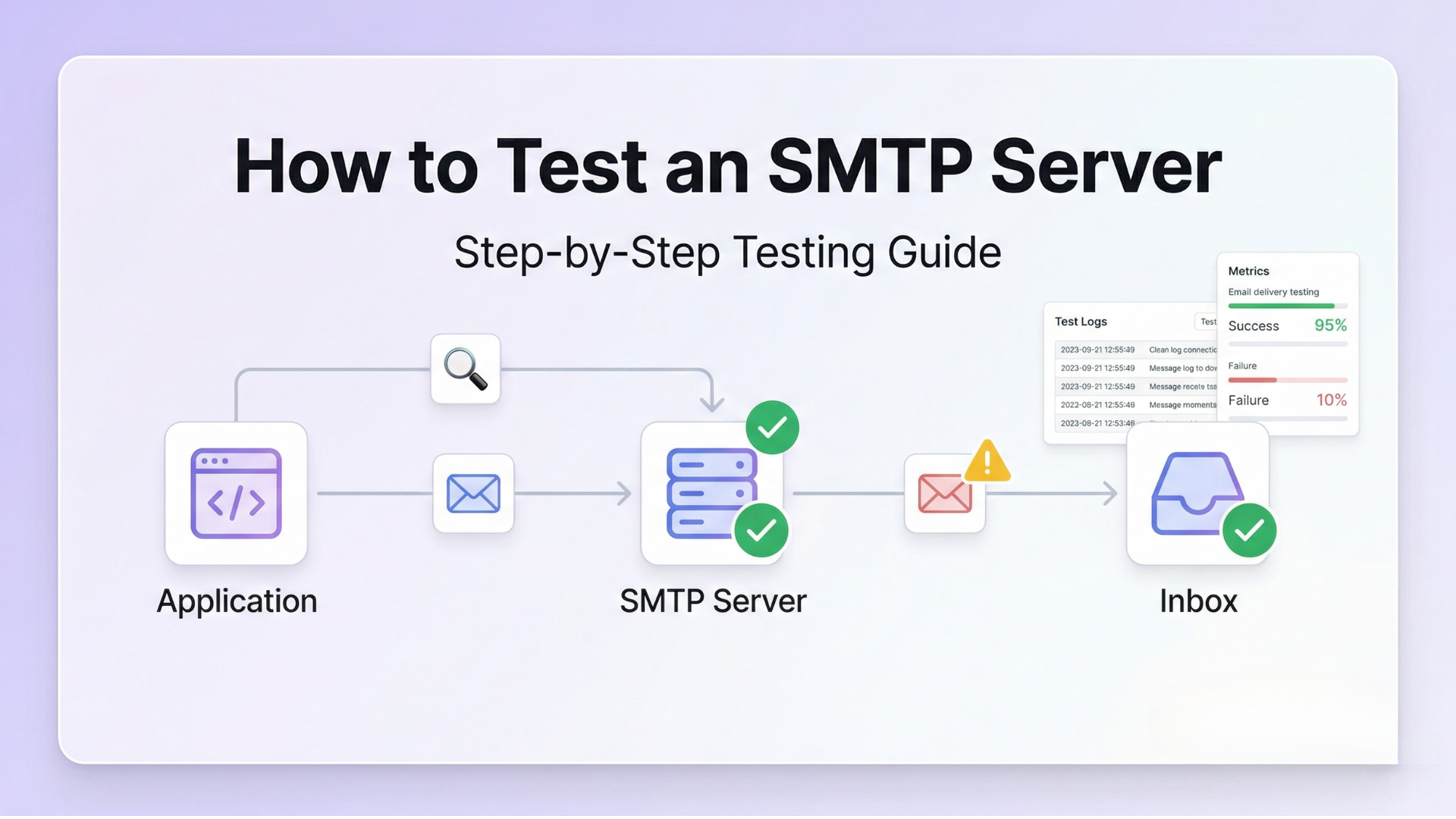 SMTP server testing workflow showing connection check, authentication validation, and email delivery verification from application to inbox