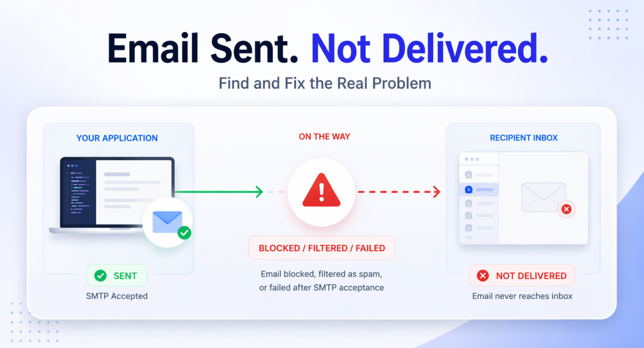 Email sent but not delivered workflow showing SMTP accepted but blocked before reaching inbox