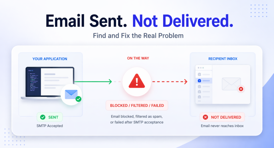 Email Sent But Not Delivered workflow showing SMTP accepted but blocked before reaching inbox