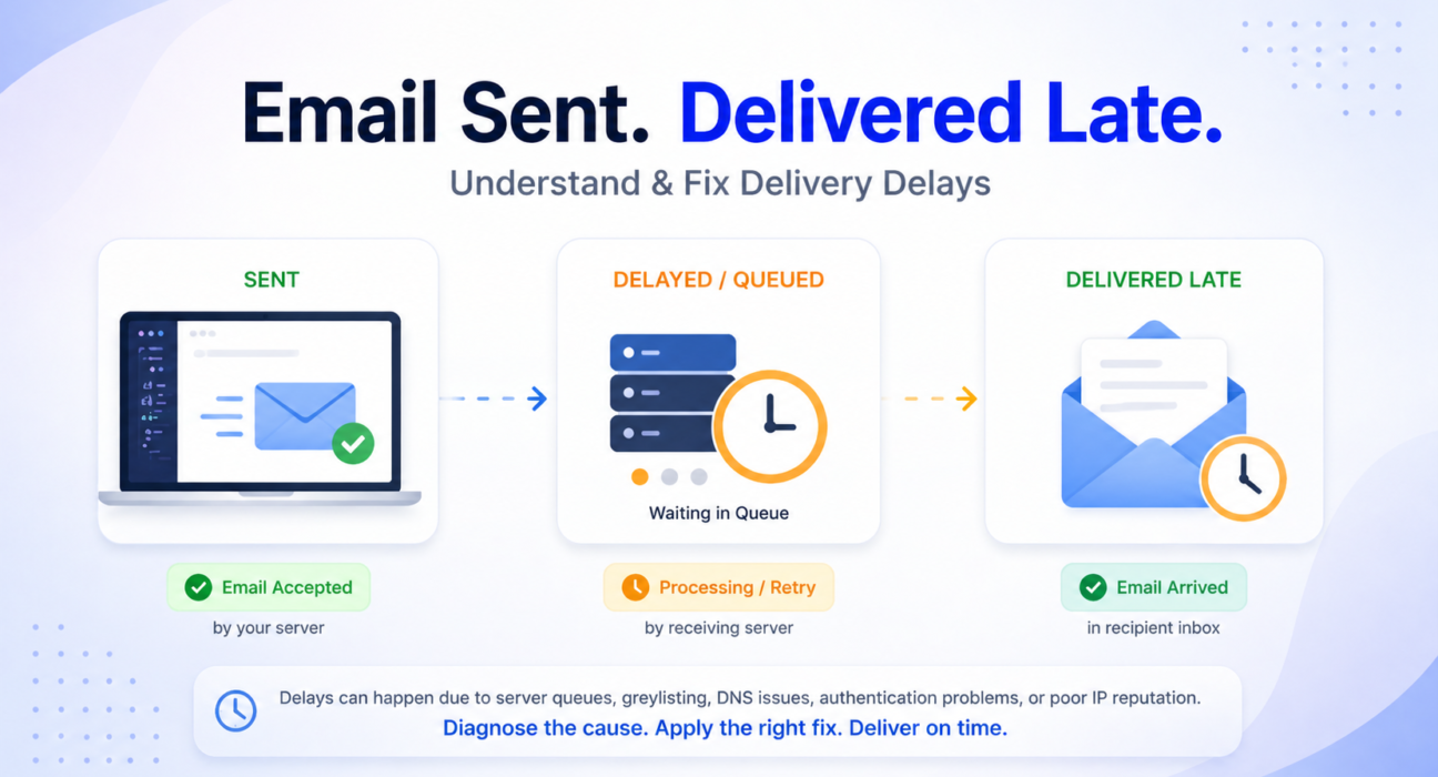 Email delivery delay workflow showing SMTP message queued and delivered late instead of instantly