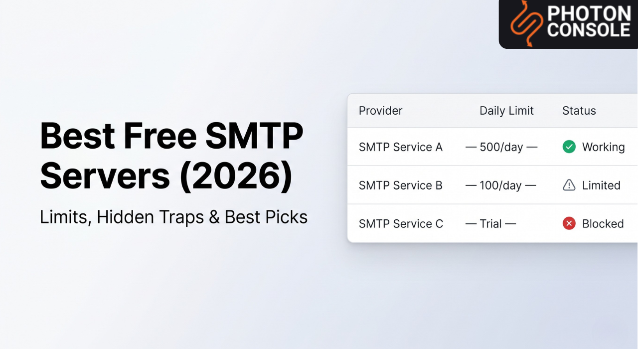 Best free SMTP servers 2026 comparison showing email delivery flow, working and failed SMTP services, limits and restrictions visualization