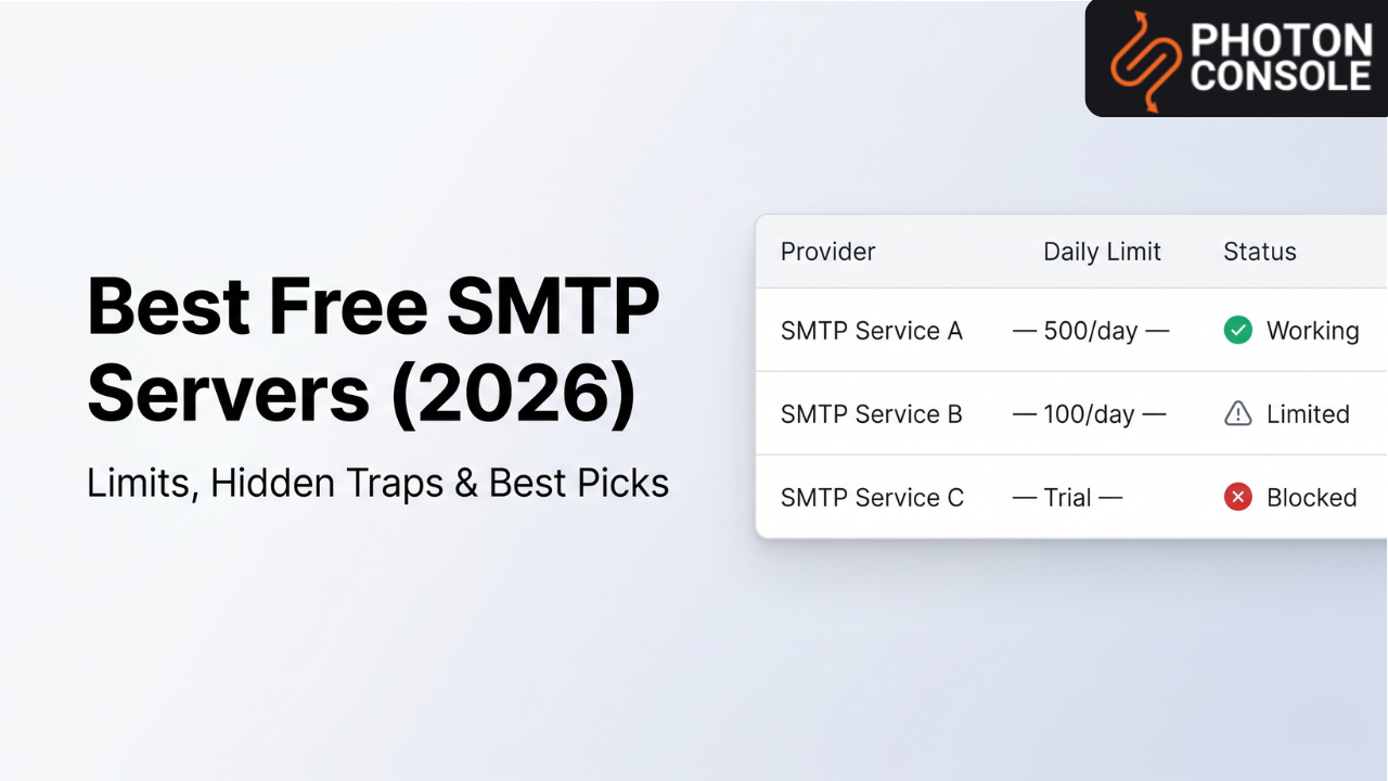 Best free SMTP servers 2026 comparison showing email delivery flow, working and failed SMTP services, limits and restrictions visualization