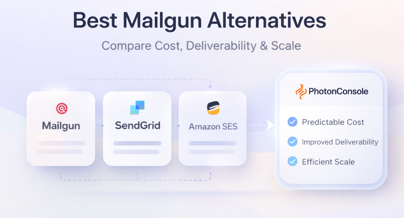Best Mailgun alternatives comparison including SendGrid, Amazon SES, and PhotonConsole based on cost, deliverability, and scalability