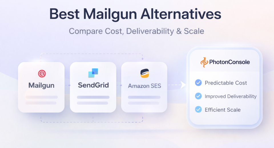 Best Mailgun alternatives comparison including SendGrid, Amazon SES, and PhotonConsole based on cost, deliverability, and scalability