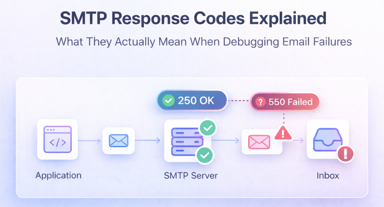 SMTP response codes explained with email delivery flow showing 250 OK and 550 failed