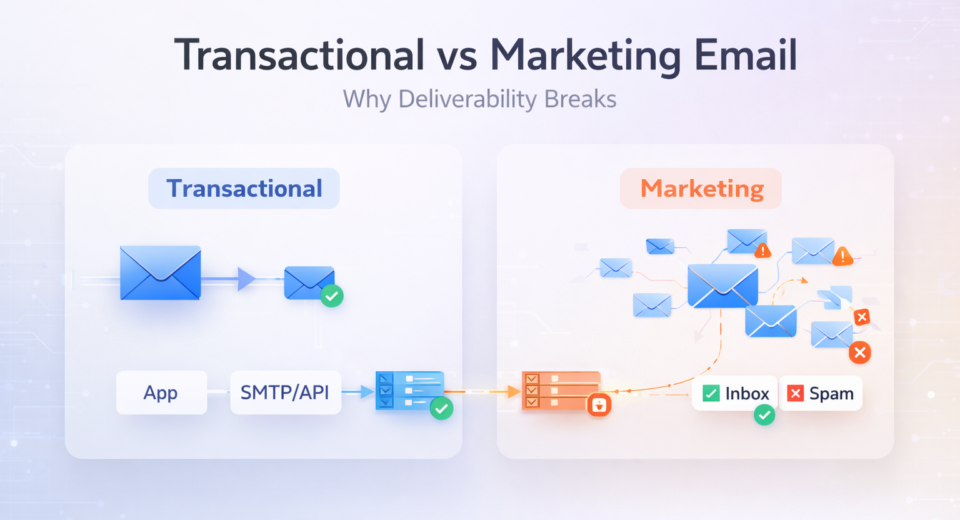 Transactional vs marketing email comparison showing clean OTP delivery path versus bulk marketing emails being filtered to spam