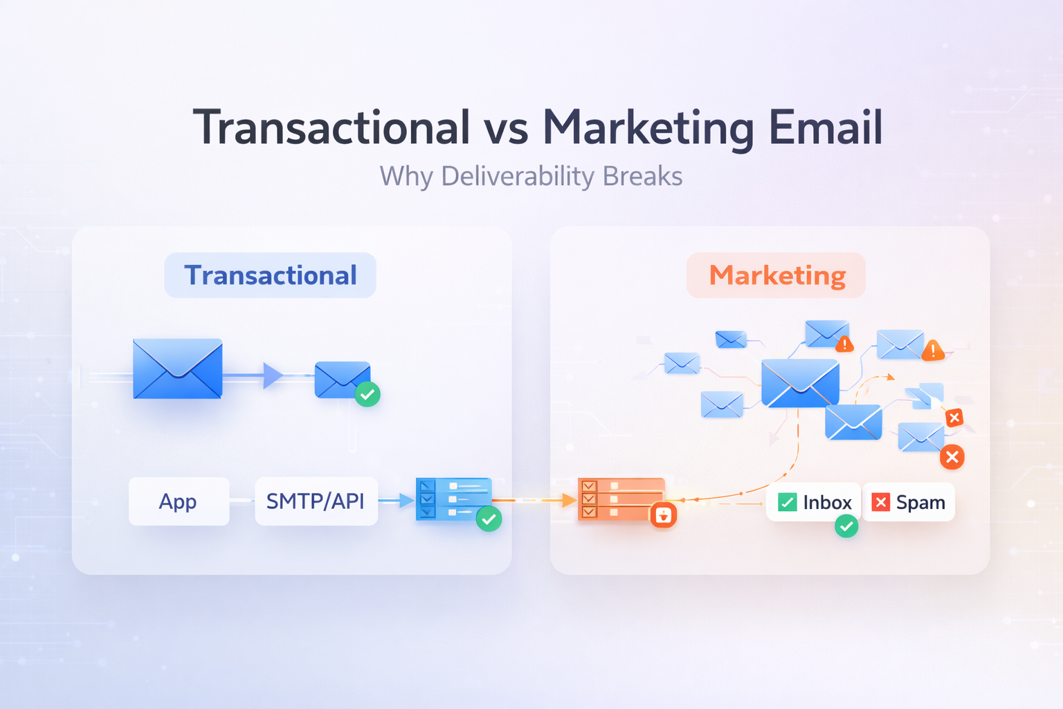 Transactional vs marketing email comparison showing clean OTP delivery path versus bulk marketing emails being filtered to spam