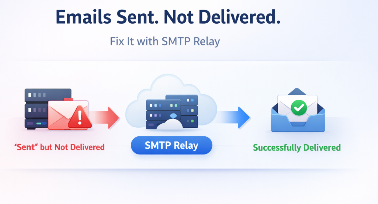 SMTP relay service workflow showing failed email delivery fixed through relay infrastructure to reach inbox successfully