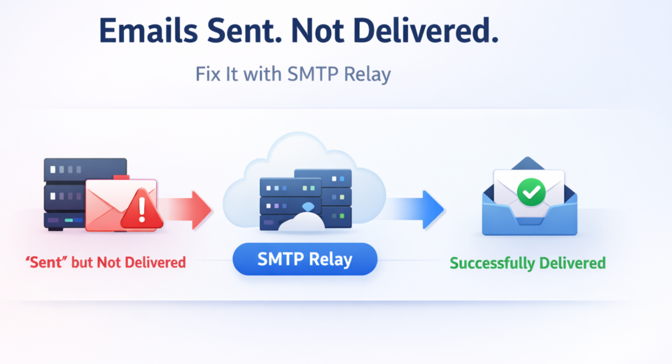 SMTP relay service workflow showing failed email delivery fixed through relay infrastructure to reach inbox successfully