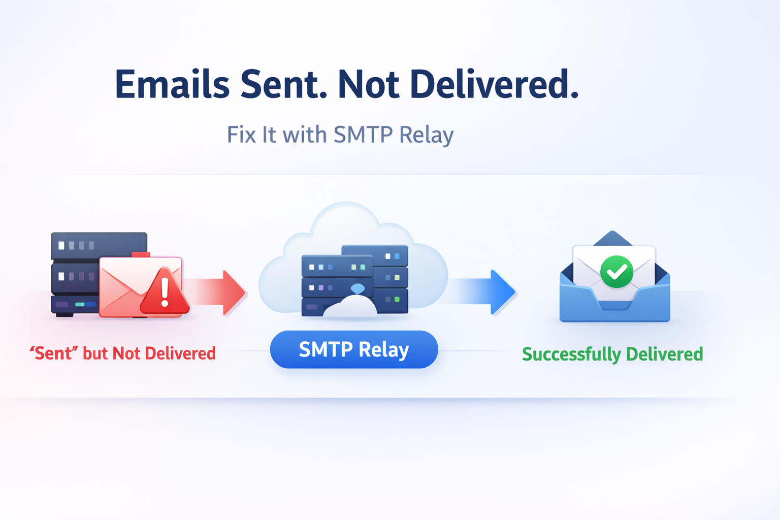 SMTP relay service workflow showing failed email delivery fixed through relay infrastructure to reach inbox successfully