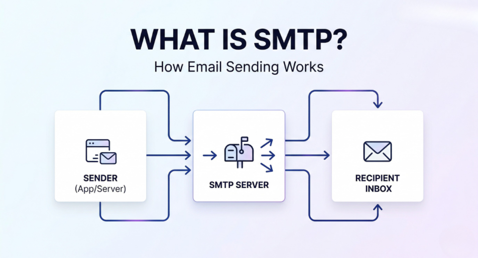 What is SMTP explained with a simple diagram showing how email is sent from sender to recipient using an SMTP server