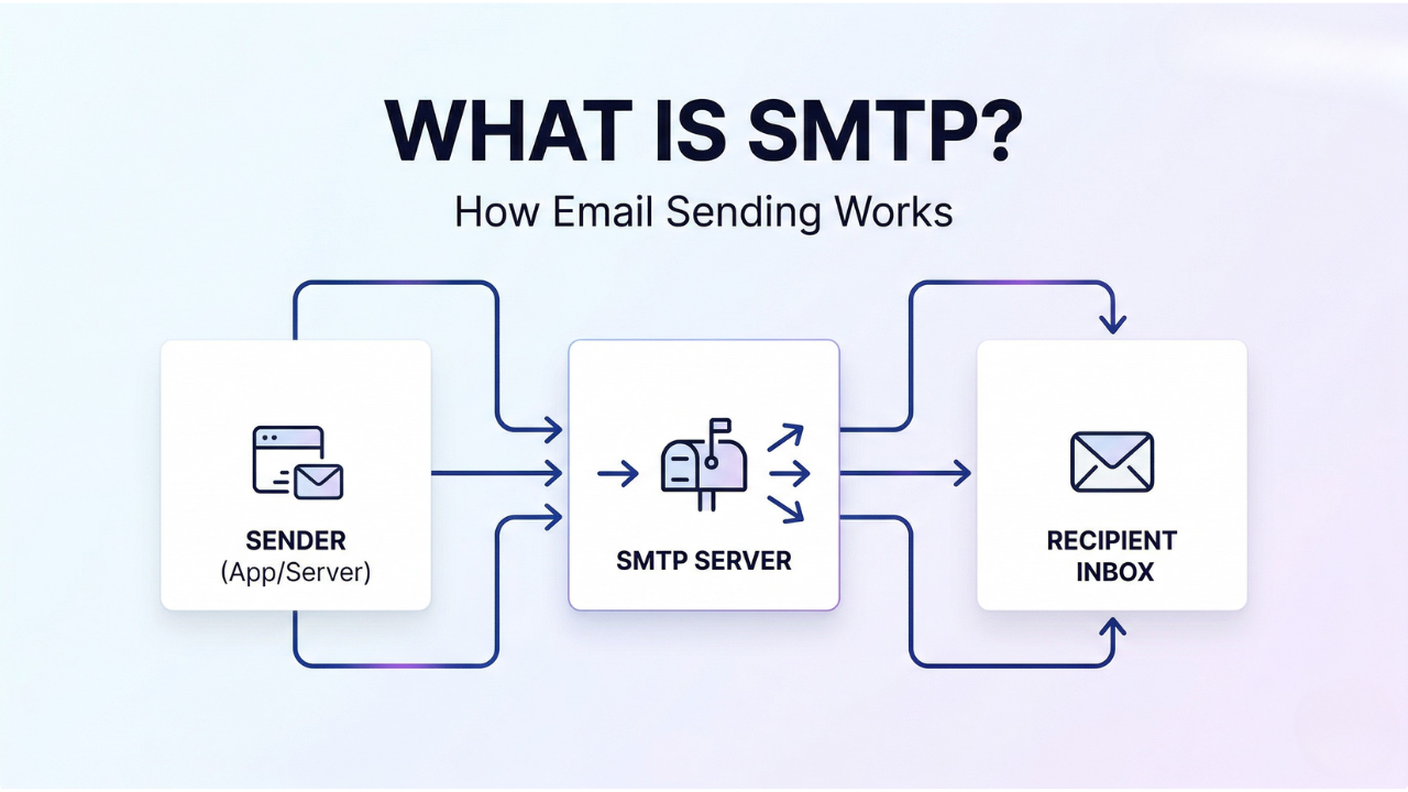 What is SMTP explained with a simple diagram showing how email is sent from sender to recipient using an SMTP server