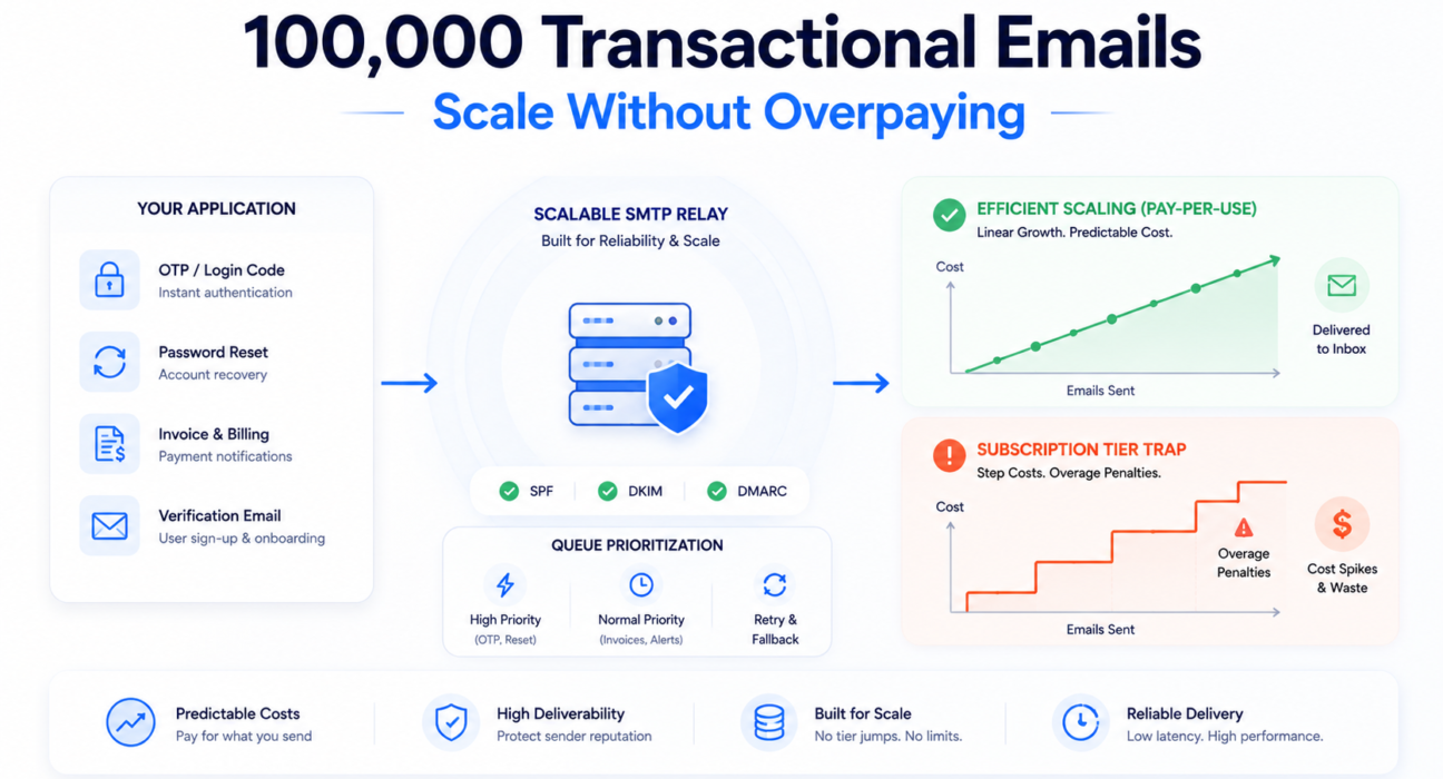 High-volume transactional email infrastructure diagram showing scalable SMTP relay architecture and cost-efficient email delivery for SaaS applications