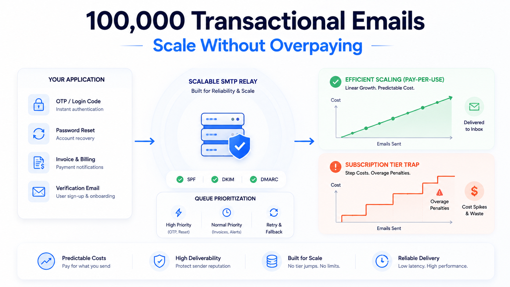 High-volume transactional email infrastructure diagram showing scalable SMTP relay architecture and cost-efficient email delivery for SaaS applications