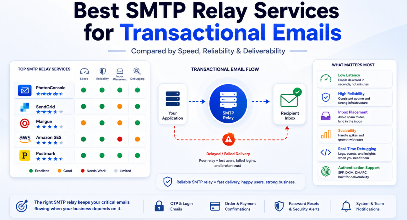 Comparison of SMTP relay services for transactional emails showing delivery speed, inbox placement, debugging tools, and scalability differences