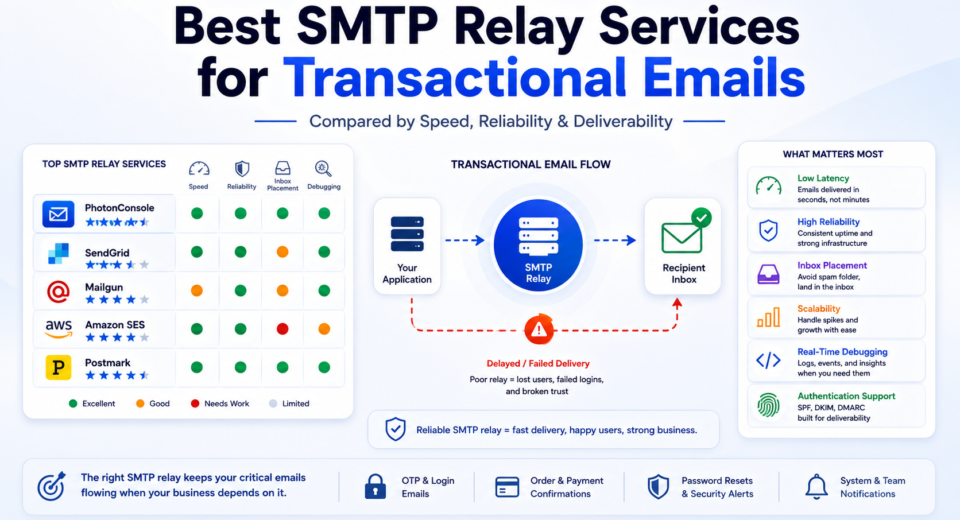 Comparison of SMTP relay services for transactional emails showing delivery speed, inbox placement, debugging tools, and scalability differences