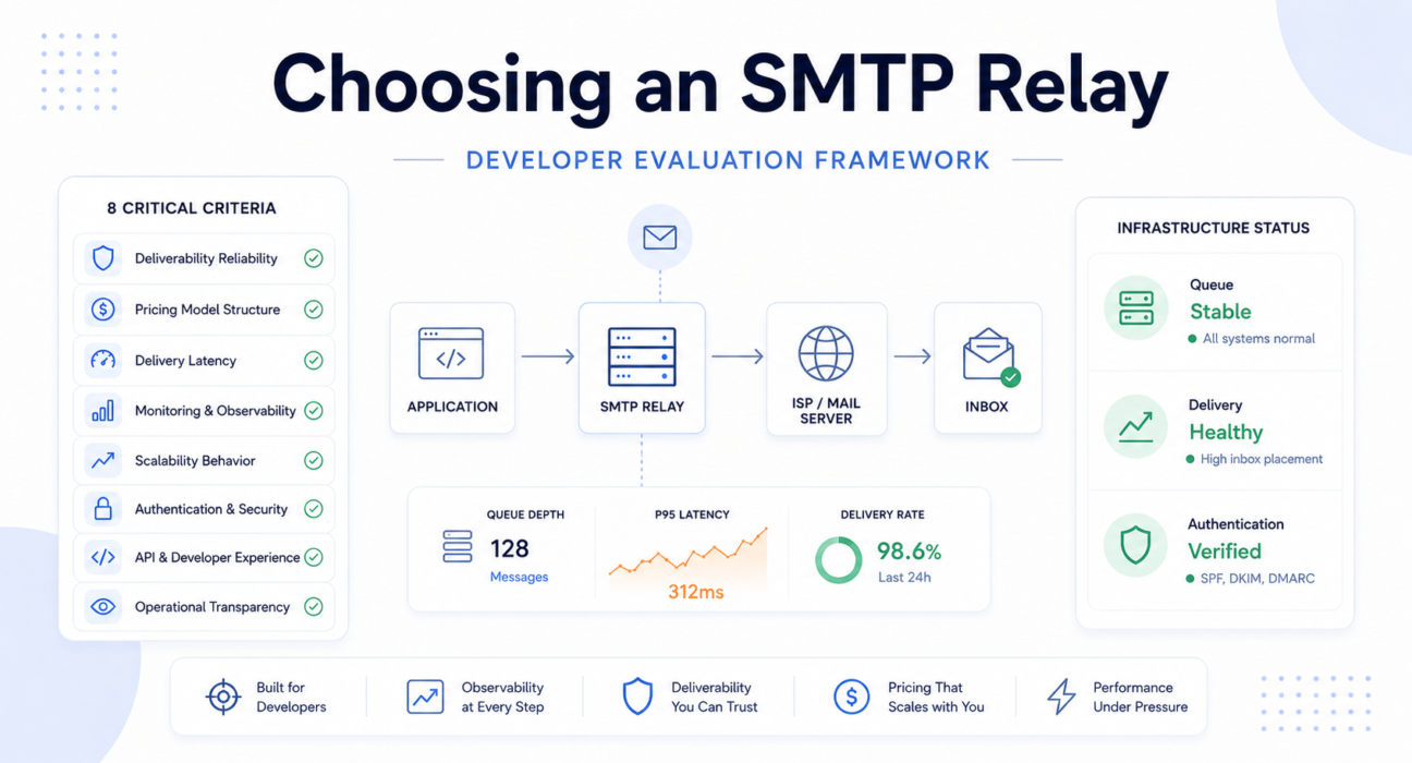 Minimal SMTP relay evaluation framework dashboard showing deliverability, observability, latency monitoring, and infrastructure reliability metrics