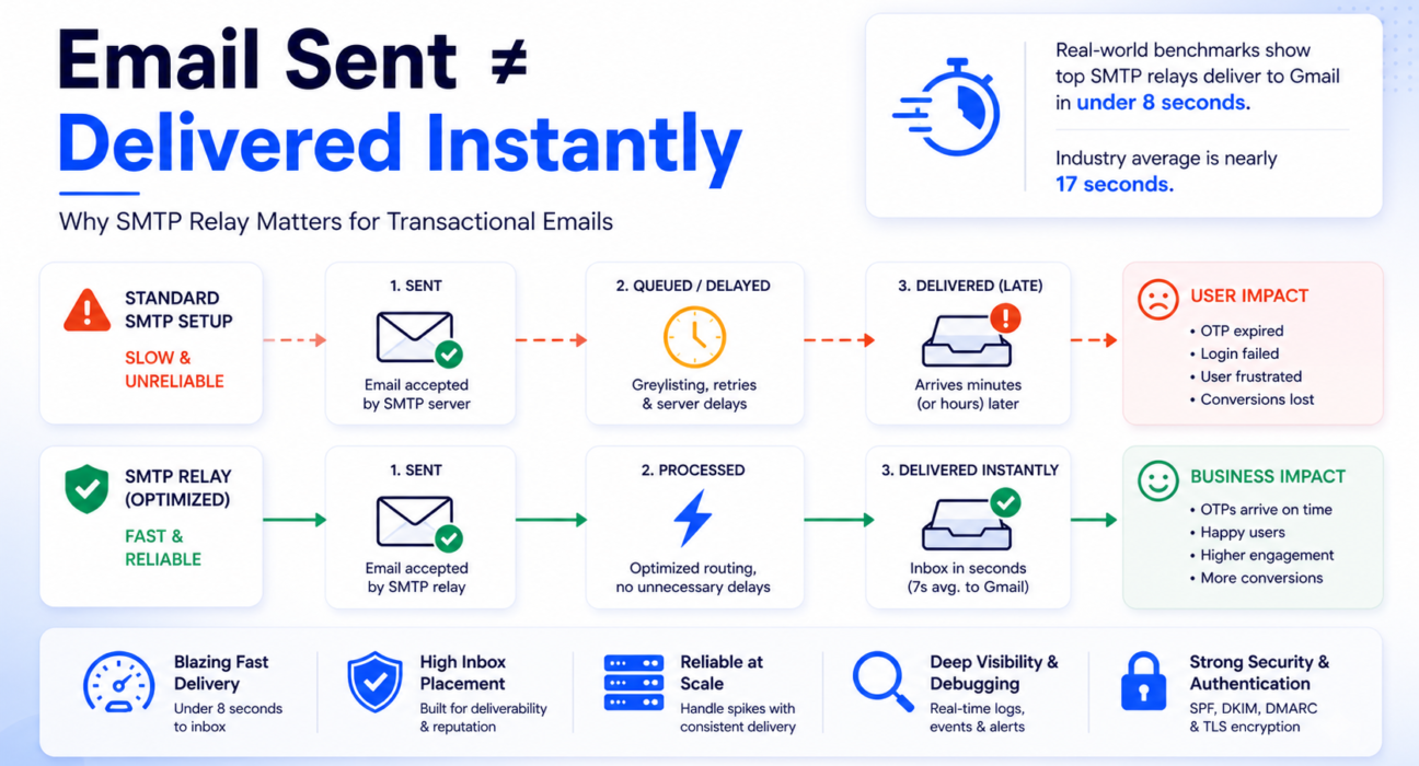 SMTP relay workflow showing transactional email sent, queued, and delivered instantly with latency comparison and delivery optimization