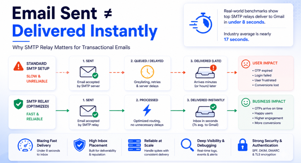 SMTP relay workflow showing transactional email sent, queued, and delivered instantly with latency comparison and delivery optimization