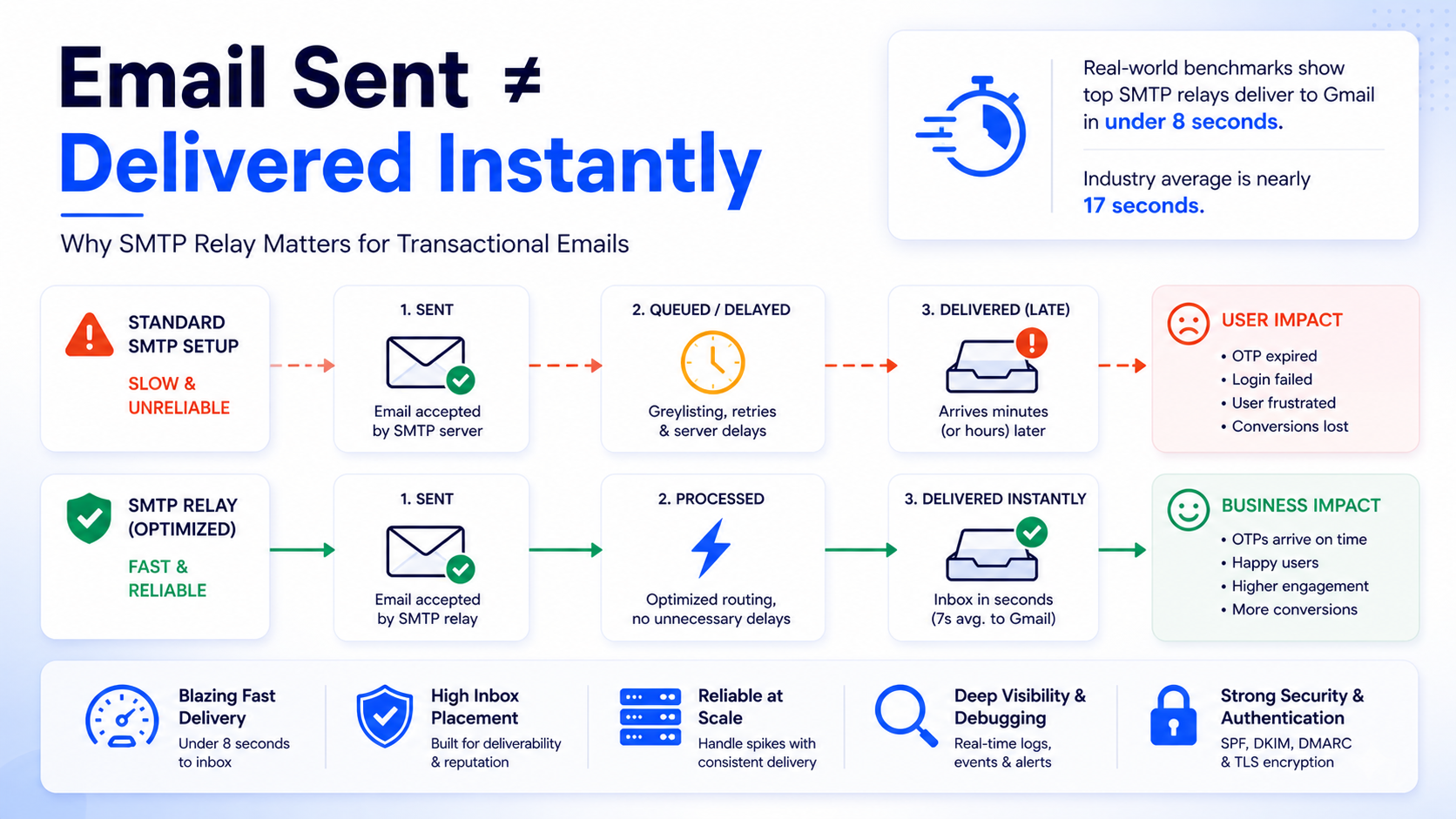 SMTP relay workflow showing transactional email sent, queued, and delivered instantly with latency comparison and delivery optimization