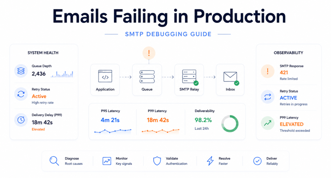 Minimal transactional email debugging dashboard showing queue latency, SMTP response monitoring, retry failures, and production email observability