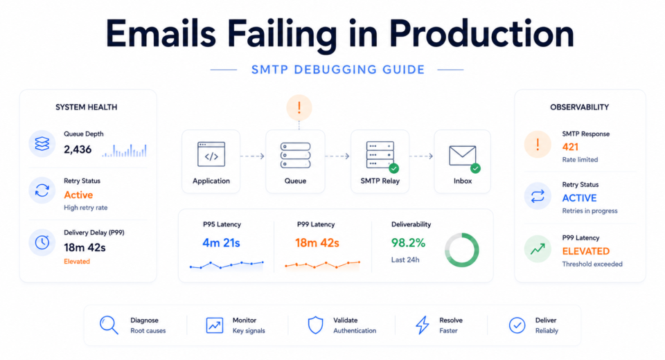 Minimal transactional email debugging dashboard showing queue latency, SMTP response monitoring, retry failures, and production email observability