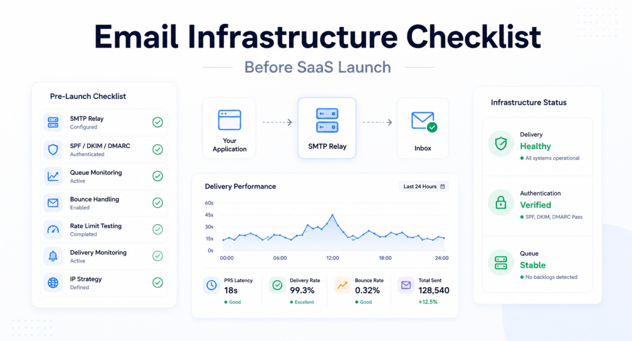 Minimal SaaS email infrastructure launch checklist dashboard showing SMTP relay setup, authentication validation, and transactional email monitoring