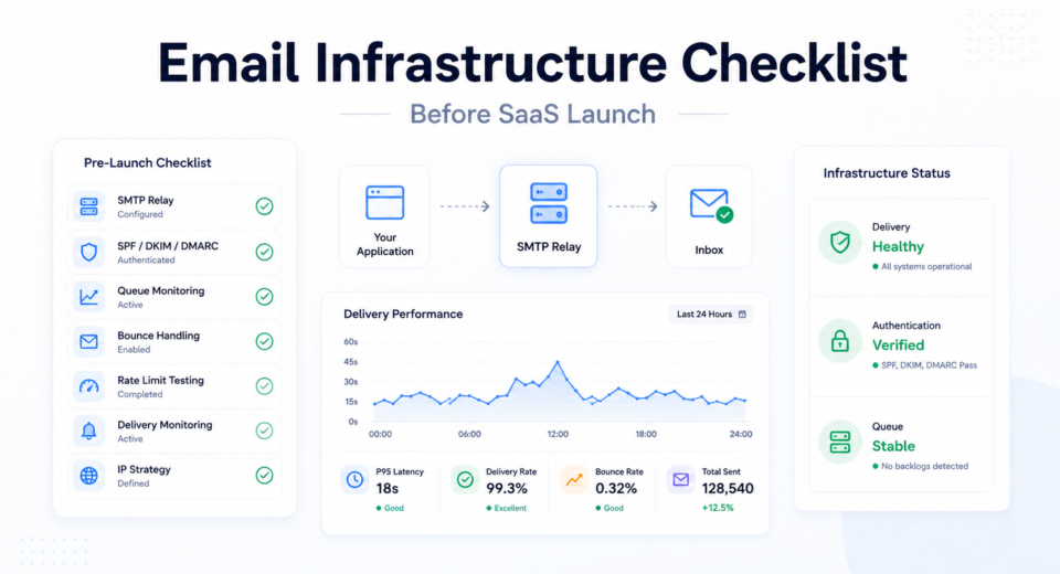 Minimal SaaS email infrastructure launch checklist dashboard showing SMTP relay setup, authentication validation, and transactional email monitoring