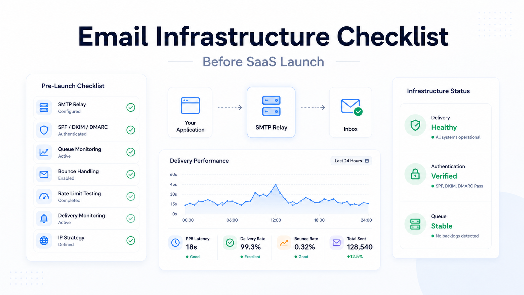 Minimal SaaS email infrastructure launch checklist dashboard showing SMTP relay setup, authentication validation, and transactional email monitoring