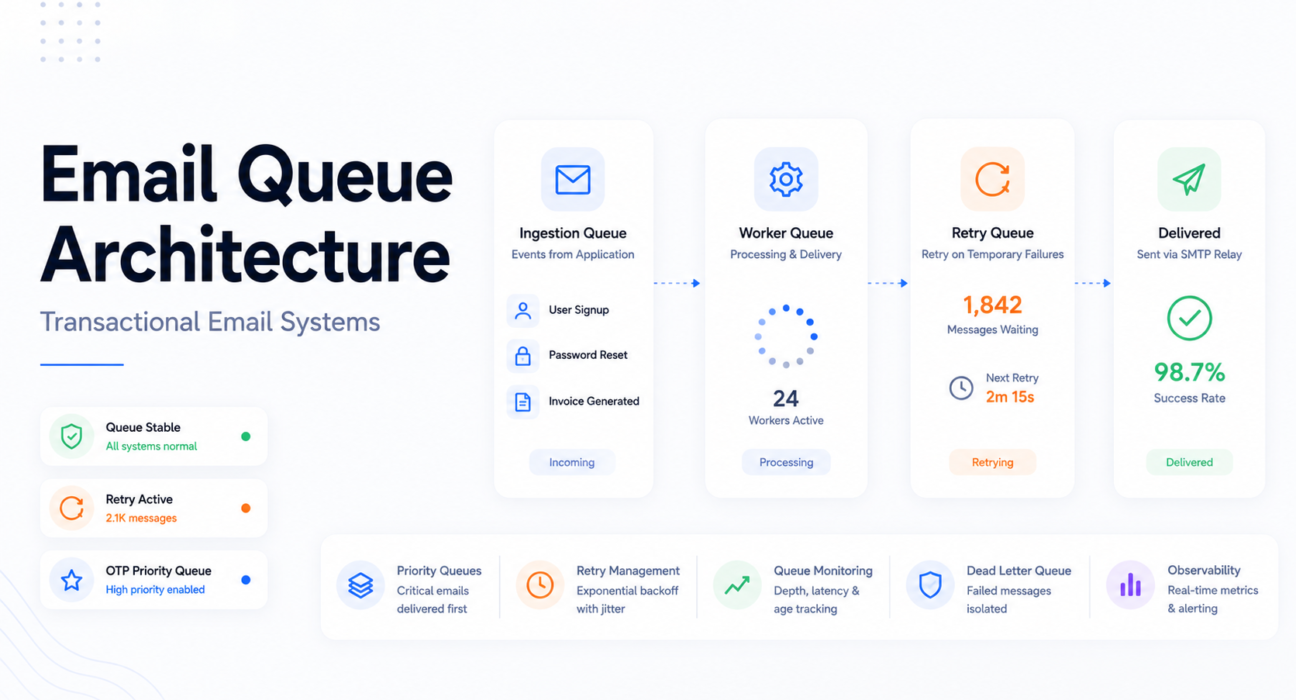 Minimal transactional email queue architecture interface showing priority queues, retry queues, worker processing, and queue monitoring for SaaS infrastructure