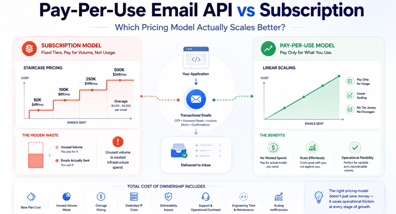 Comparison of pay-per-use email API pricing and subscription email plans showing cost scaling and infrastructure efficiency for SaaS applications