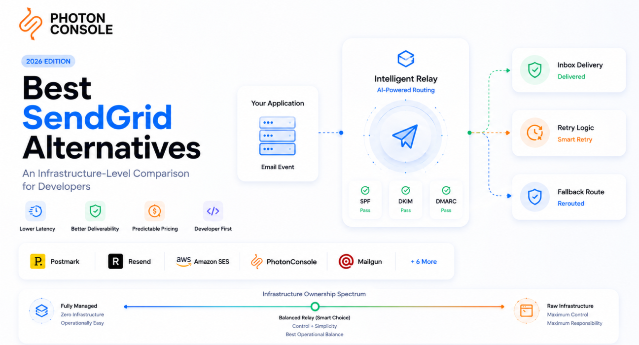 Best SendGrid alternatives comparison showing transactional email infrastructure, SMTP relay architecture, latency analysis, and developer-focused email API providers in 2026.