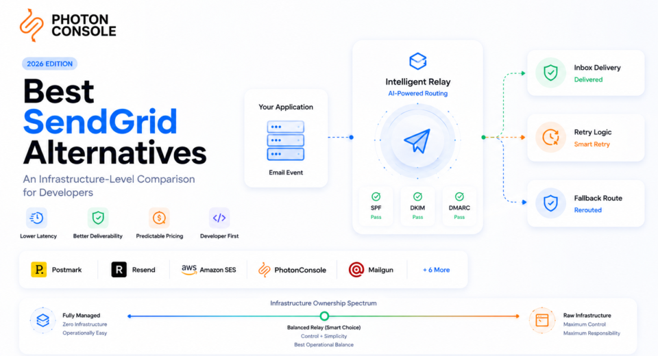 Best SendGrid alternatives comparison showing transactional email infrastructure, SMTP relay architecture, latency analysis, and developer-focused email API providers in 2026.