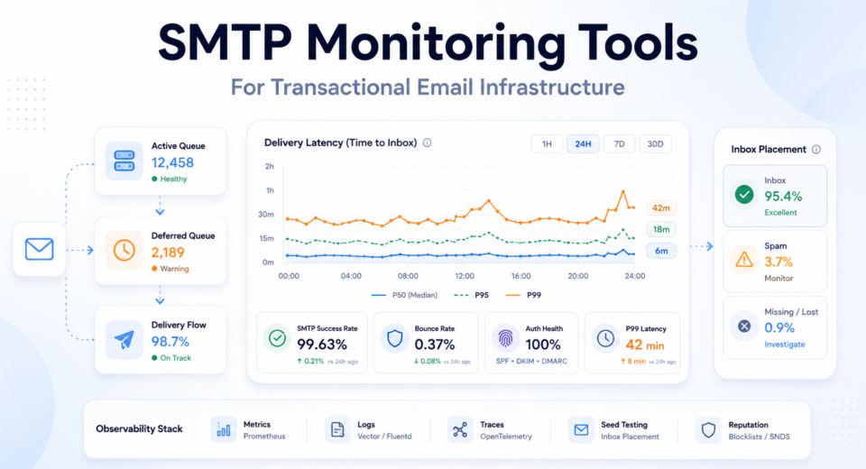 Minimal SMTP monitoring dashboard showing queue monitoring, email delivery latency tracking, and transactional email infrastructure observability