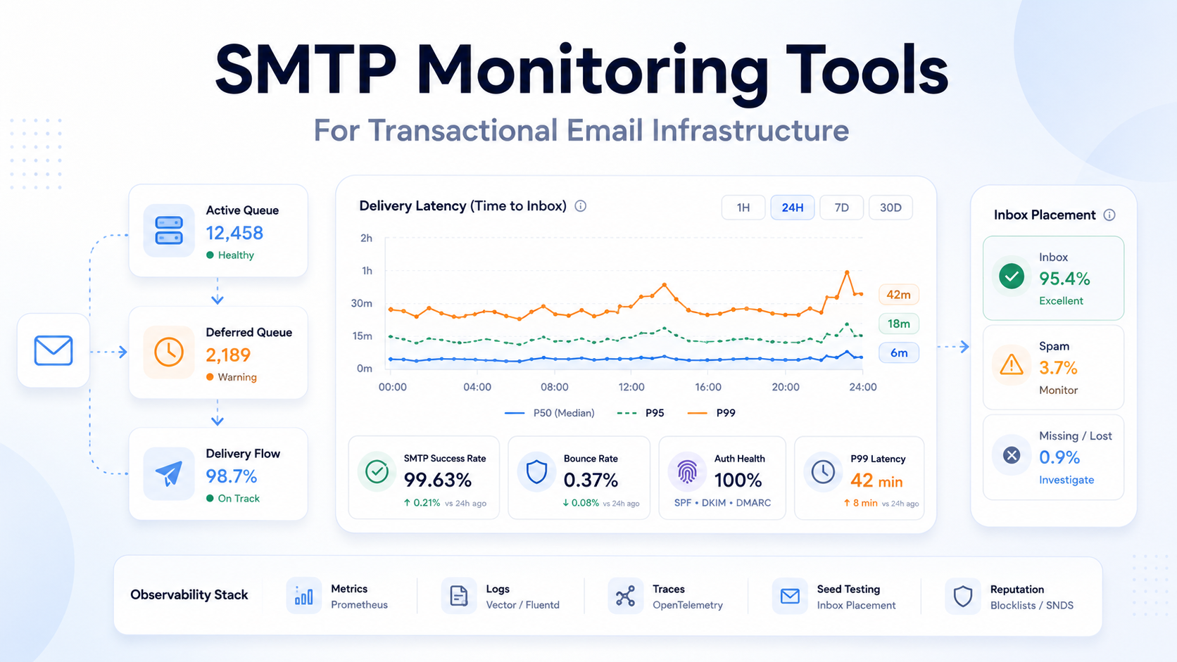 Minimal SMTP monitoring dashboard showing queue monitoring, email delivery latency tracking, and transactional email infrastructure observability