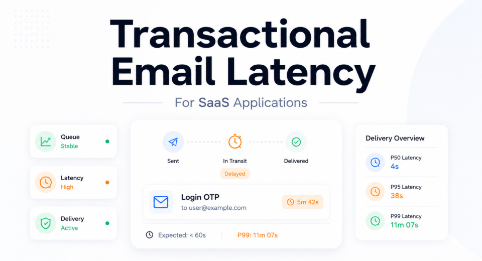 Minimal email latency monitoring interface showing delayed OTP delivery, queue timing, SMTP delivery status, and transactional email reliability