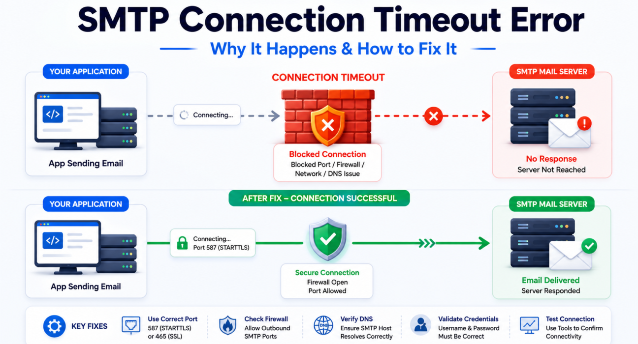 SMTP connection timeout error workflow showing blocked connection between application and mail server due to port or firewall issues