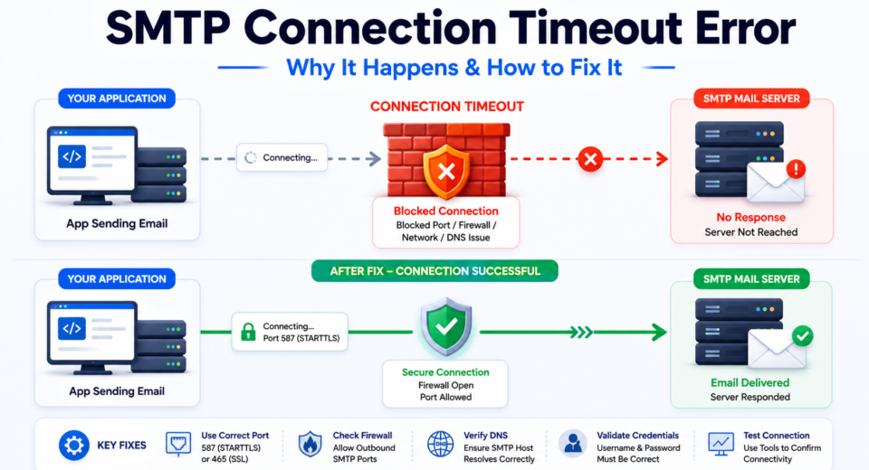 SMTP connection timeout error workflow showing blocked connection between application and mail server due to port or firewall issues