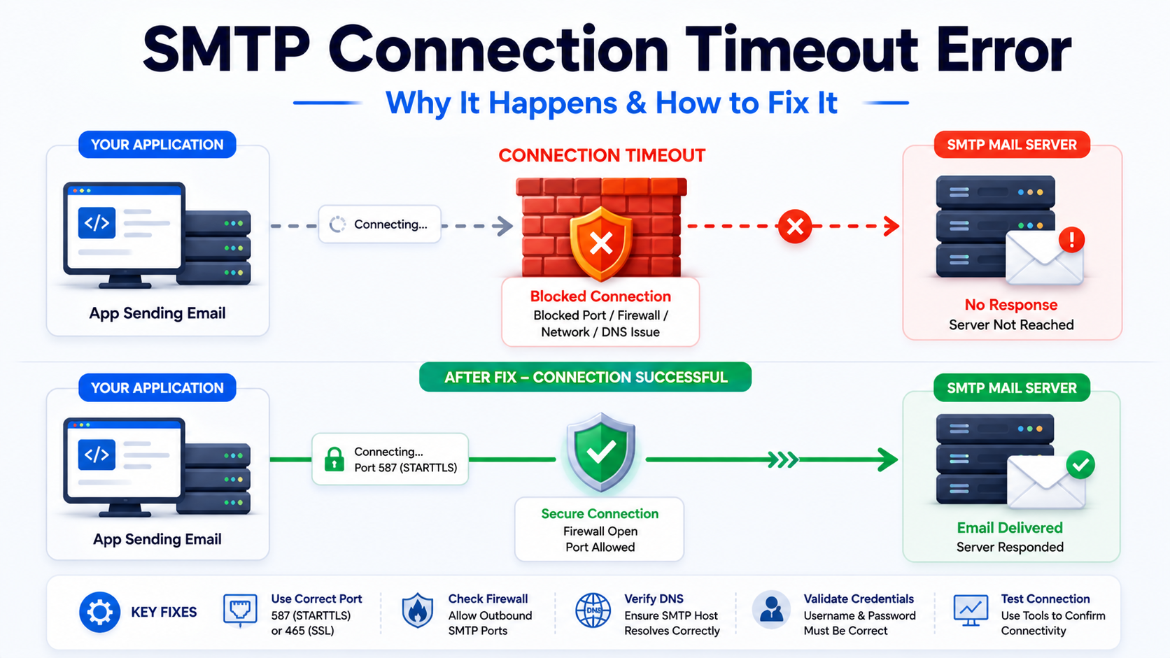 SMTP connection timeout error workflow showing blocked connection between application and mail server due to port or firewall issues