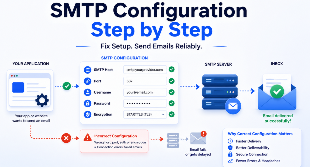 SMTP configuration workflow showing email server setup with host, port, authentication, and encryption settings for successful email delivery