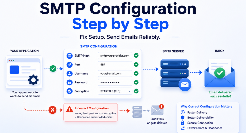 SMTP configuration workflow showing email server setup with host, port, authentication, and encryption settings for successful email delivery
