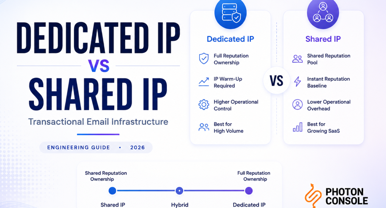 Dedicated IP vs Shared IP comparison for transactional email infrastructure, deliverability, sender reputation, and IP warming.