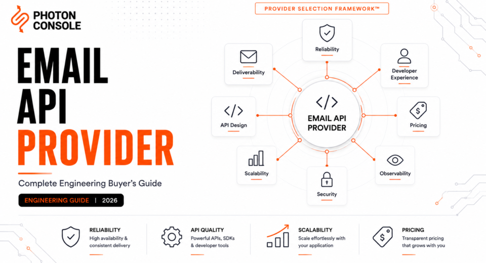Editorial engineering illustration comparing Email API providers using reliability, developer experience, scalability, pricing, observability, and infrastructure capabilities.