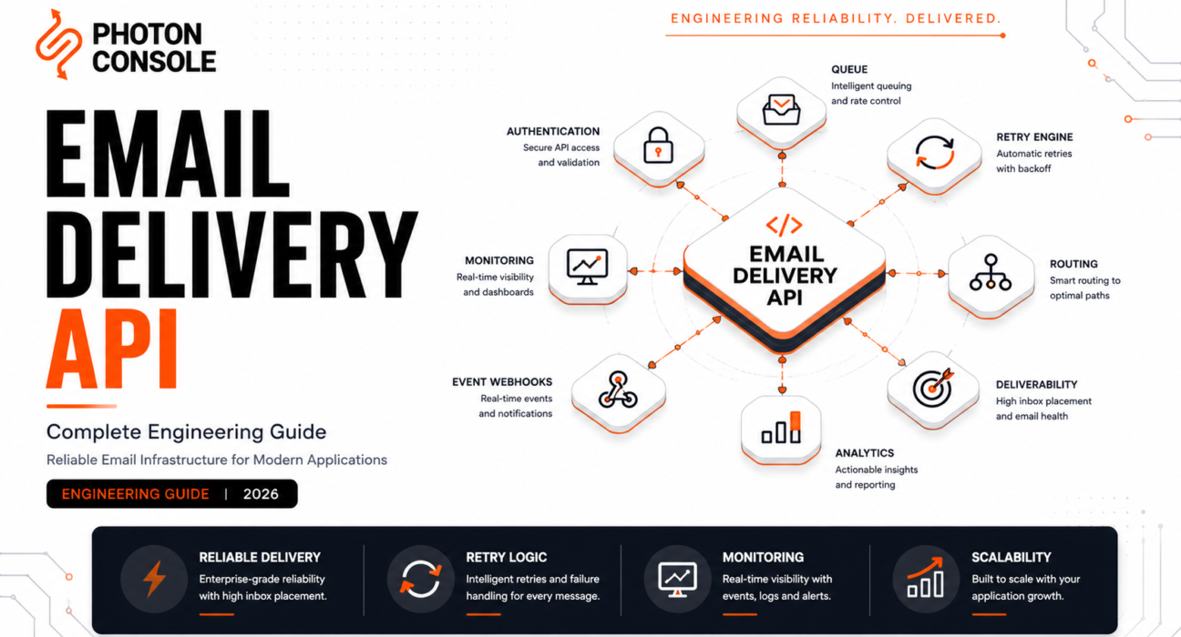 Editorial engineering illustration showing the architecture of an Email Delivery API, including authentication, queueing, retries, routing, monitoring, and reliable inbox delivery.