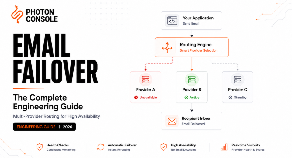 Email failover architecture illustrating multi-provider routing, automated provider switching, health checks, and resilient transactional email infrastructure.
