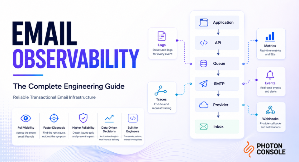 Email observability framework showing the transactional email lifecycle, telemetry, monitoring, and infrastructure visibility for reliable email delivery.