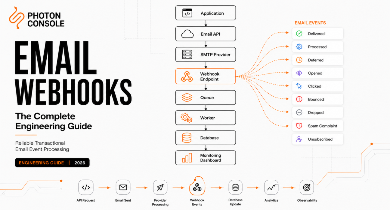 Email webhooks architecture showing transactional email event processing, delivery events, retries, queues, and webhook reliability.