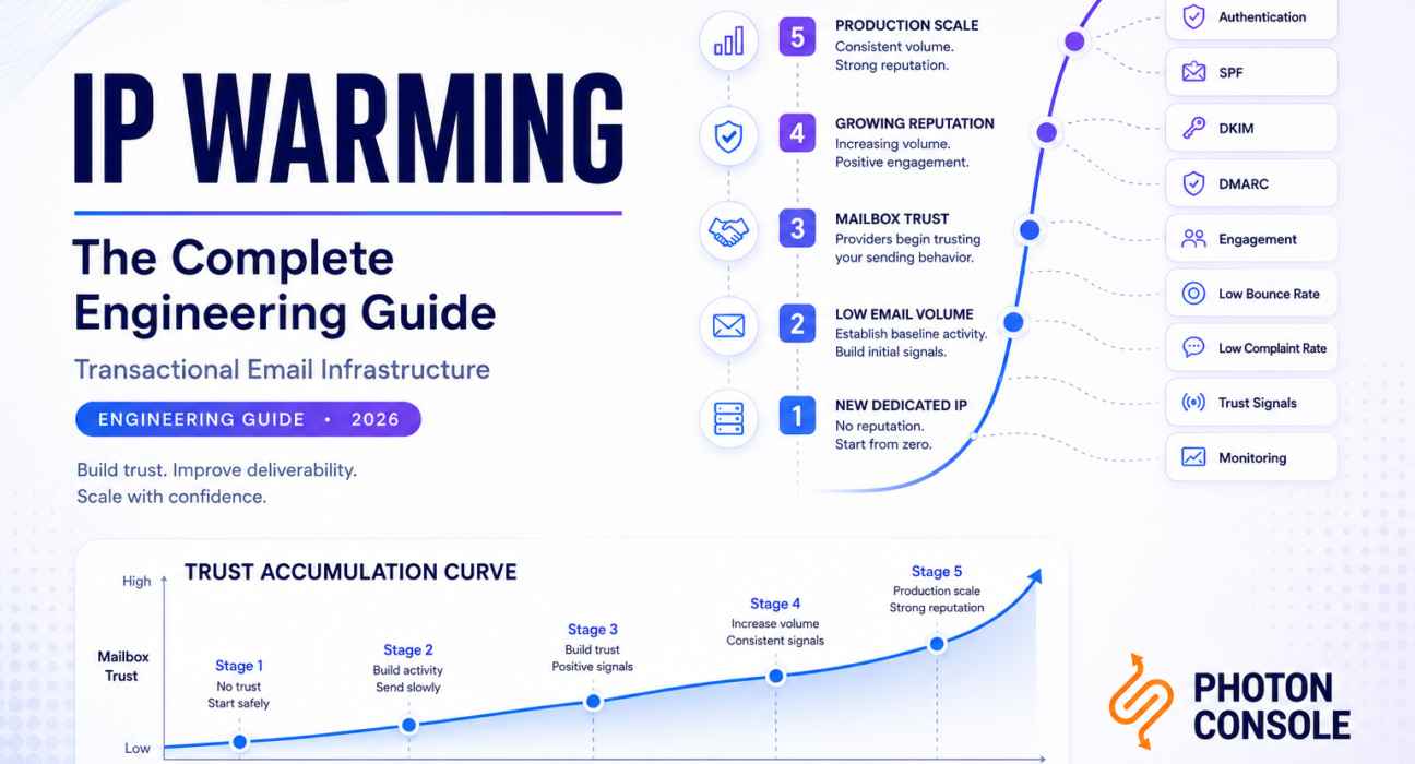 IP warming process showing sender reputation growth, email deliverability, and trust building for transactional email infrastructure.